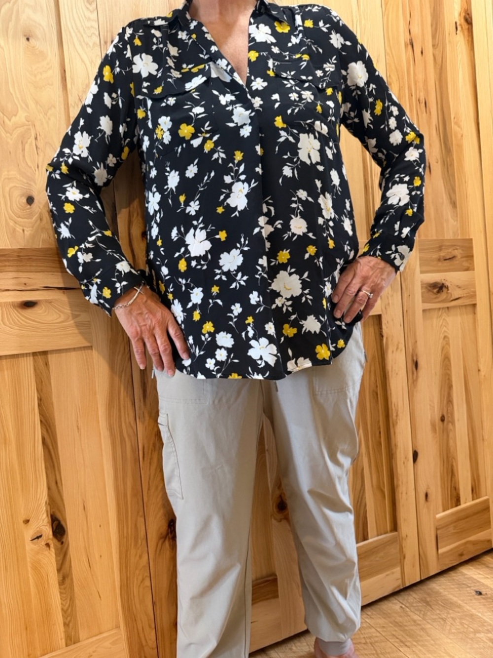 Ann Taylor Black Floral Top with Mustard & White Blooms